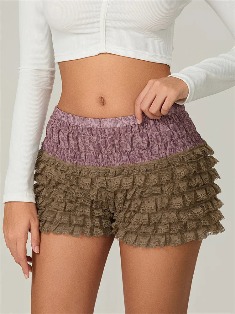 AIERTU  -  Women Summer Shorts Elastic Waist Layered Ruffle Lace Shorts Casual Club Party Short Pants Y2K Aesthetic Aiertu