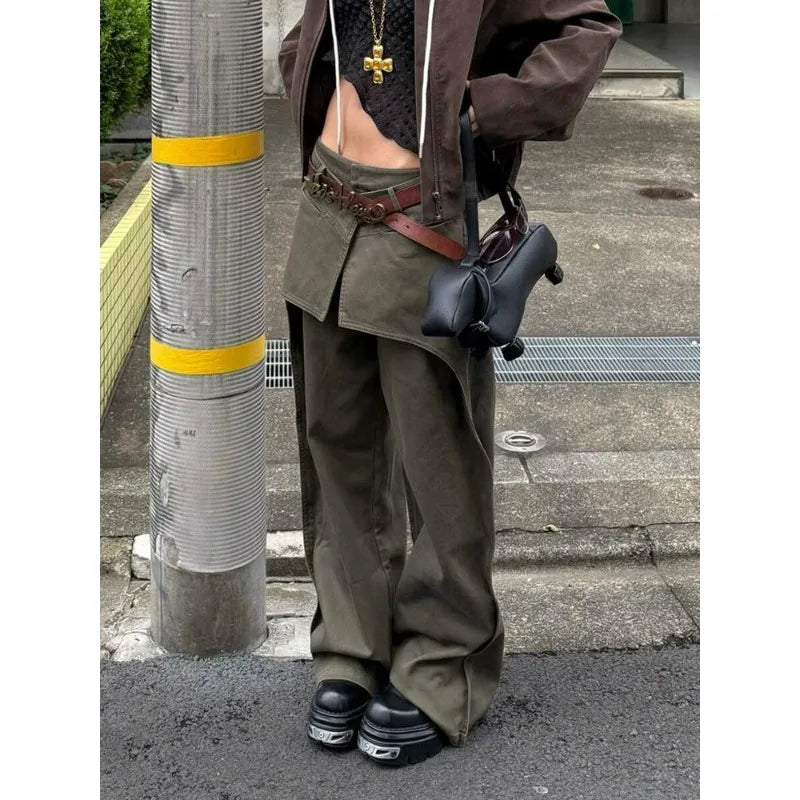 AIERTU  -  Design Sense Piece Splicing Jeans Children's Spring New Spice Girls Retro Old Washed Army Green Floor Pants Aiertu