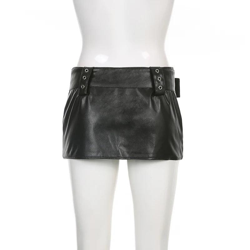 Aiertu Sexy Super Short Leather Skirt Punk Style PU Wide Belt Patchwork Low Rise Mini Skirts for Women Gothic y2k Aesthetic Chic Aiertu