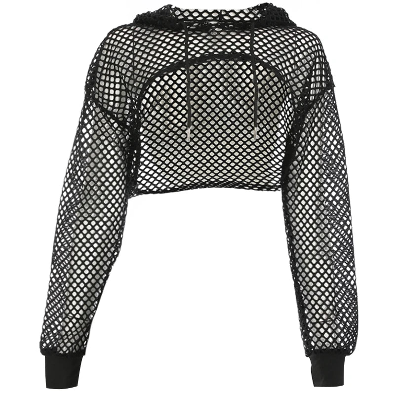 Aiertu  Street Style Fishnet Holes T Shirt See Through Hollow Out Hooded Full Sleeve Crop Top Women Casual Loose Shirt Smock Fall Aiertu