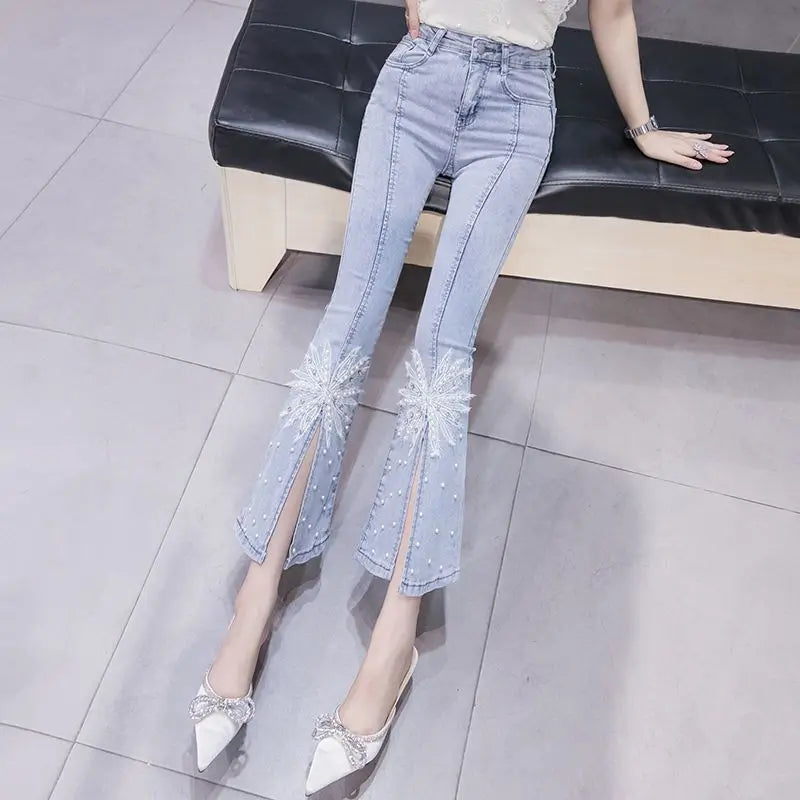 Aiertu Spring New Bow Slim Fit Flare Split Jeans Women Casual Wash Fashion High Waist Snowflake Beading Light Blue Denim Cropped Pants Aiertu