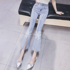 Aiertu Spring New Bow Slim Fit Flare Split Jeans Women Casual Wash Fashion High Waist Snowflake Beading Light Blue Denim Cropped Pants Aiertu