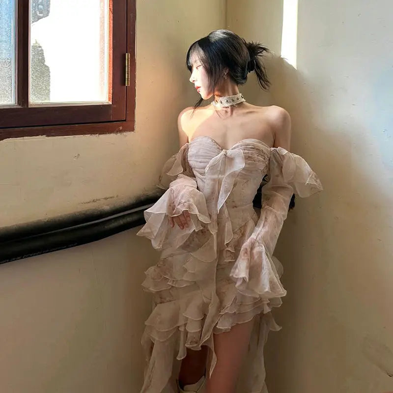 Lotus Leaf Edge Spicy Girl Off Shoulder Sexy Dress for Women Spring/Summer New Irregular Waist Slimming A-line Long Dress Aiertu