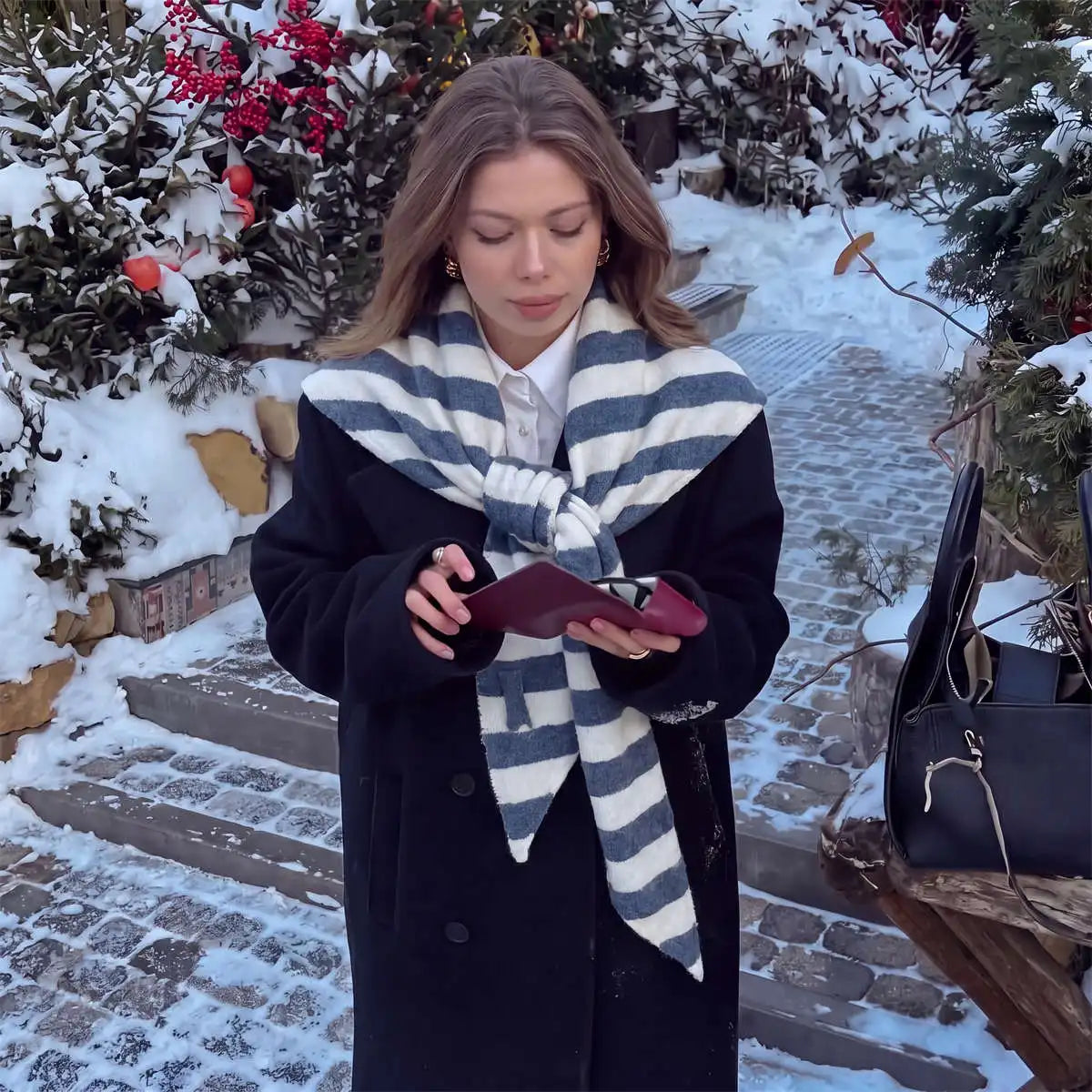AIERTU  -  Women Striped Knit Triangle Scarf Crossover Design Contrast Color Stripe Scarves Soft Warm Wrap Shawl Winter Fashion Neck Cover Aiertu
