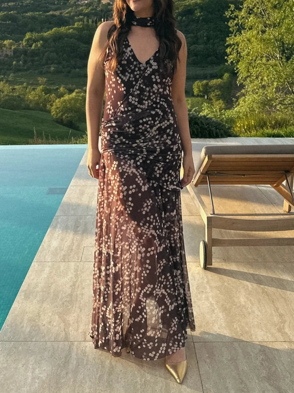 AIERTU  -  New Summer Polka Dot Chiffon Dress Women Sexy V-Neck Sleeveless Scarf Collar Midi Vestidos Elegant Retro Party Prom Sun Dress Aiertu