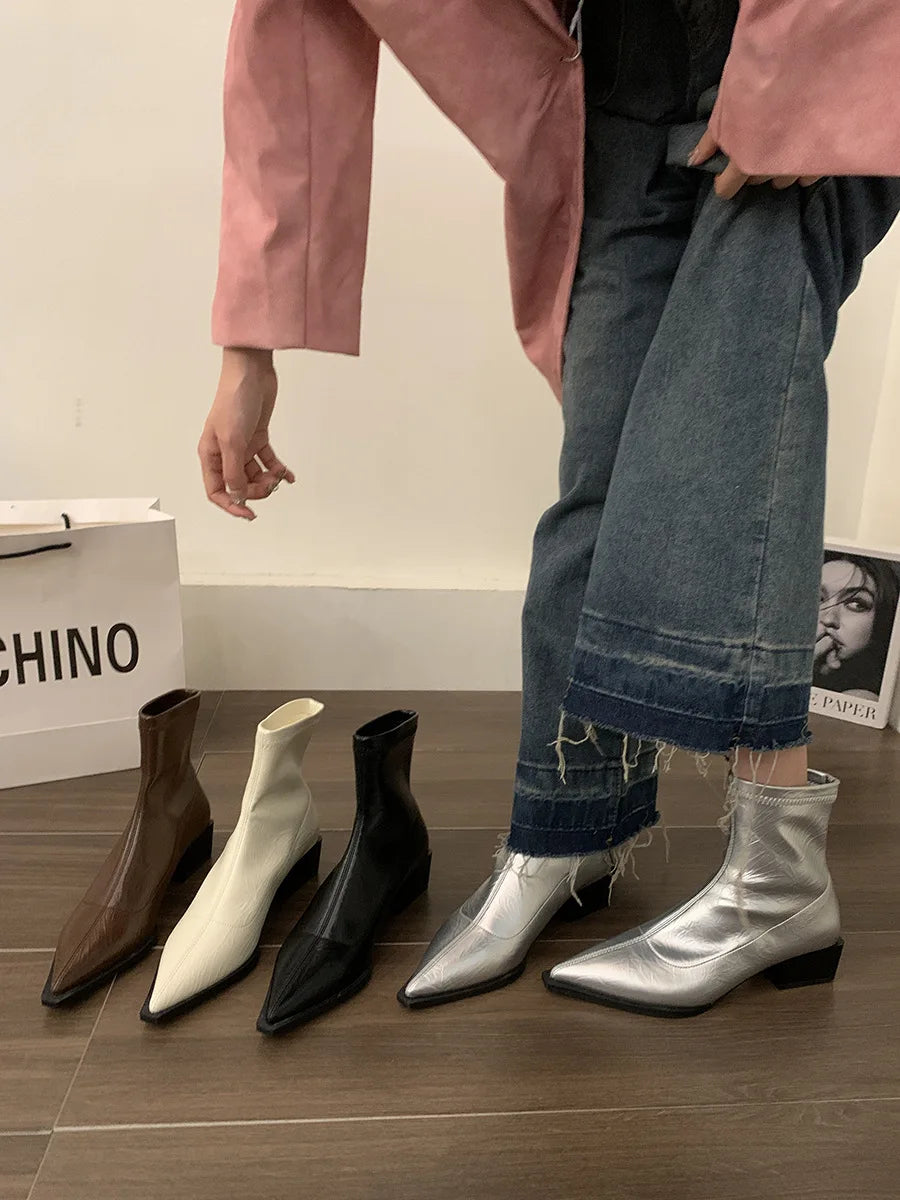 Boots Women New Shoes Luxury Designer silver  Ankle Fashion Pointy Med Ladies Rubber Autumn Rome Hoof Heels Flock Solid Sli Aiertu