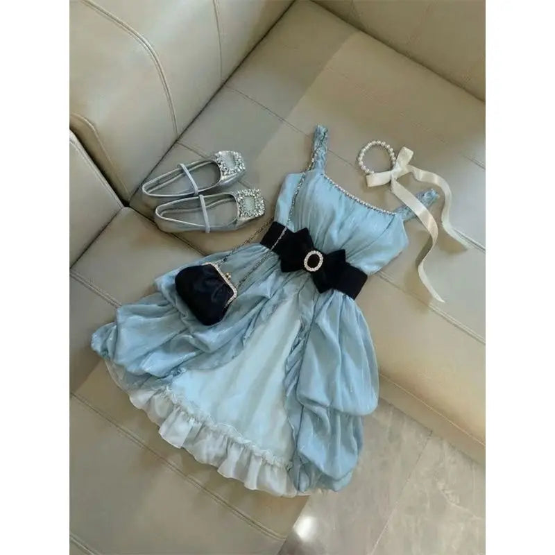 AIERTU  -  Vintage Sweet French Rhinestone Spaghetti Strap Mini Dress Women Slim Fit Ruched Bow Belt Ruffle Hem Elegant Party Clubwear Aiertu