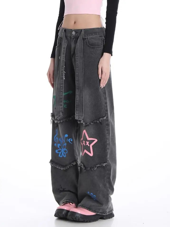 Aiertu American Vintage High Waist Straight Jeans Grunge Streetwear Tassels Print Pants Women's Casual Baggy Y2K Wide Leg Denim Trouser Aiertu