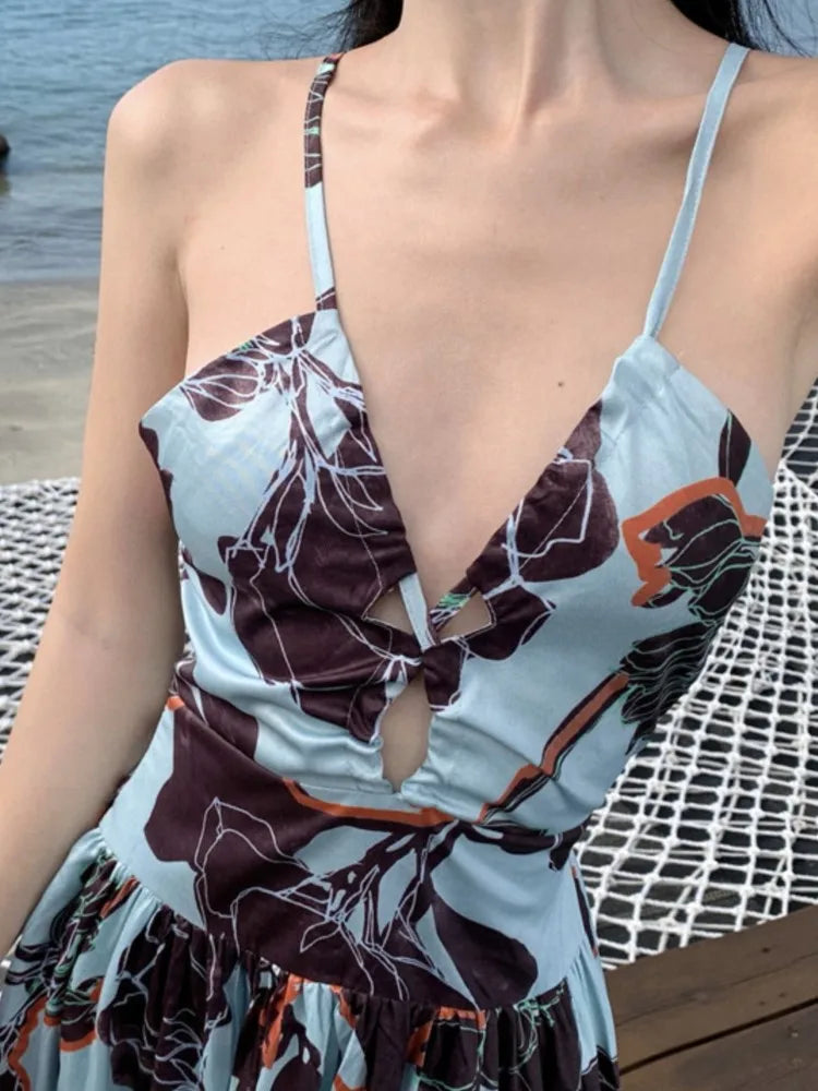 Aiertu Spaghetti Strap Elegant Women Summer Dress Sleeveless Casual A-Line Print Midi Beach Holiday Dresses Female Vestidos Long Robe Aiertu