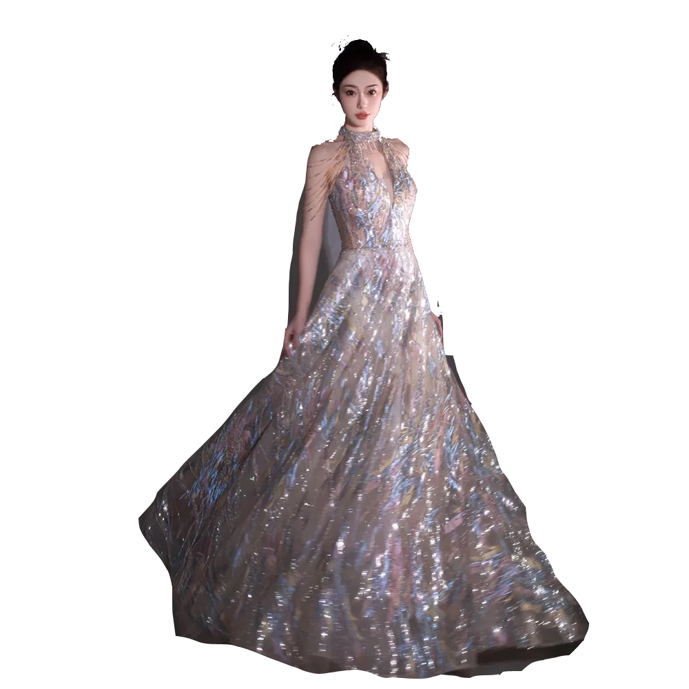 Aiertu Shining Evening Dresses 2024 Halter Floor Length Long Prom Dresses Shining Sequins Beads Aiertu