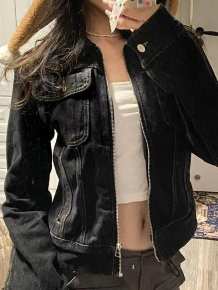 Aiertu 2024 Zipper Jeans Solid Coats Streetwear Fashion All Match Ins Chaquetas Mujer Women Turn Down Collar Punk Vintage Denim Jackets Aiertu