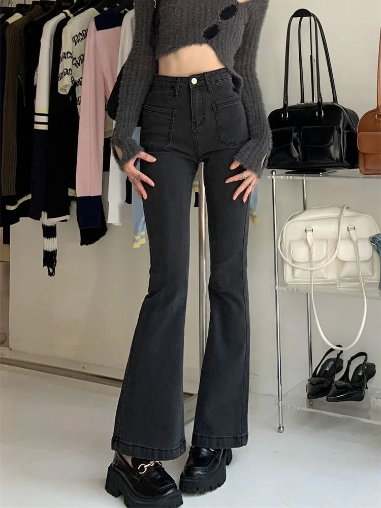 Aiertu Black Gray High-waisted Flared Jeans Women's Retro Straight Elastic Slim Slim Wide-leg Flared Pants Female Trousers Aiertu