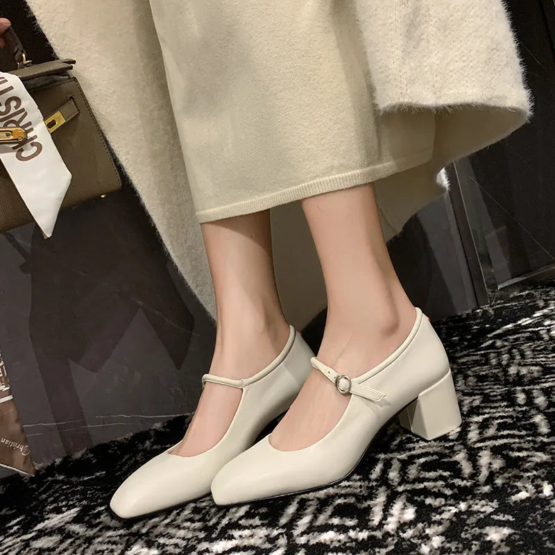 Fashion Pumps New High Quality Genuine Leather Vintage Mary Jane Shoes Square Toe High Heels Flat Shoes Lightweight Shoes Aiertu