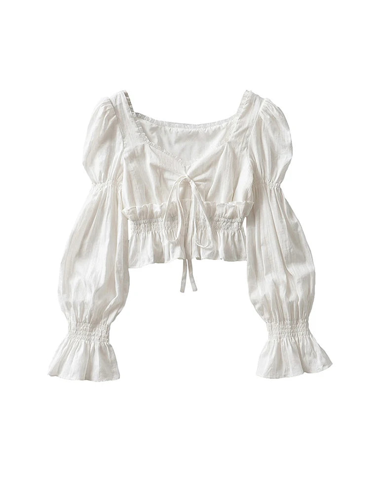 Aiertu French Pleated Lantern Long Sleeve Shirt For Women's 2022 Spring And Autumn New Vintage White Square Collar Blouse Tops Female Aiertu