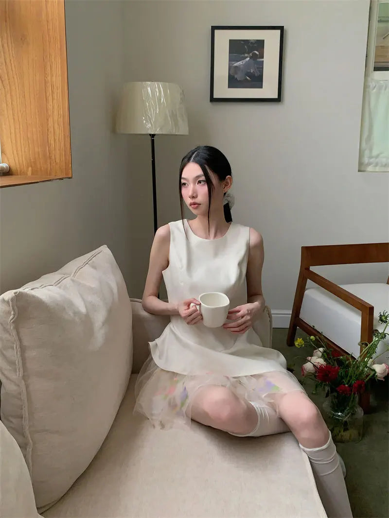 AIERTU  -  Women Dress Mesh Splicing Irregular Edge Design Sleeveless Vest Style Round Neck Solid Color Simple Slim Temperament Short Dress Aiertu