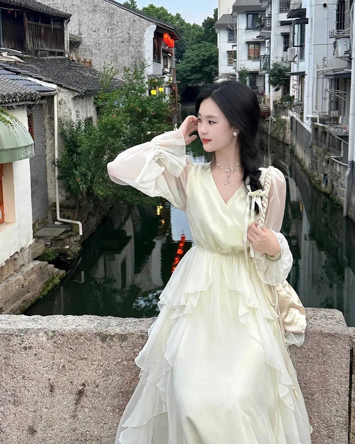 AIERTU  -  Spring/summer Women's New Milky White French First Love Long Skirt Fairy Skirt Gentle Style V-neck Slimming Drape Dress Aiertu