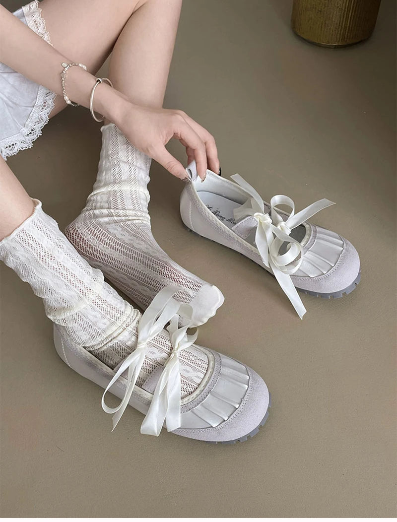 Aiertu Back  to school 2024 Autumn Lace Up Women Ballet Flat Shoes Fashion Shallow Non Slip Ladies Comfort Round Toe Mary Jane Shoes Aiertu