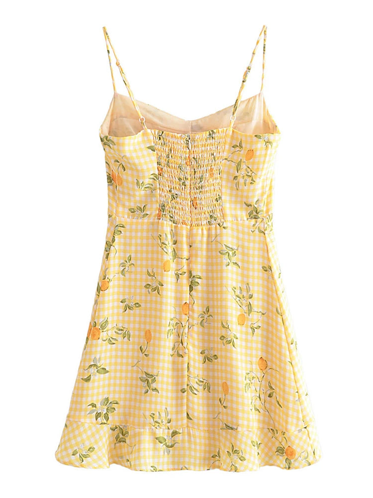 Aiertu  Summer Women French Style Prairie Chic Plaid Flower Print Sexy Sling Dress Vintage Ladies A-line Short Chiffon Sundress Aiertu