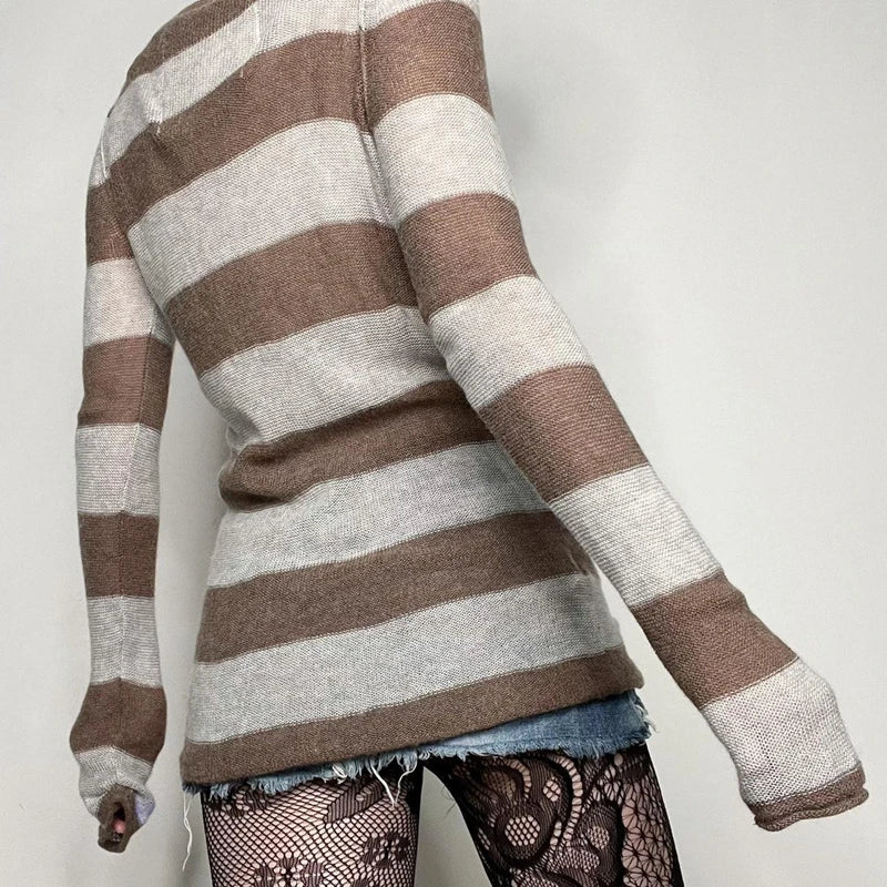 y2k Grunge Striped Knitted V Neck Sweater Dress for Women Mall Goth Emo Vintage Mini Dress Fall Winter Slim Fit Jumpers Aiertu