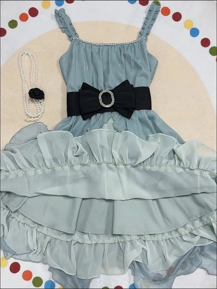 AIERTU  -  Vintage Sweet French Rhinestone Spaghetti Strap Mini Dress Women Slim Fit Ruched Bow Belt Ruffle Hem Elegant Party Clubwear Aiertu