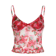 Aiertu Vintage y2k Mesh Crop Top Women Summer Floral Print Sleeveless Patchwork Spaghetti Strap Tops Ladies Sexy Aesthetic Tees Aiertu