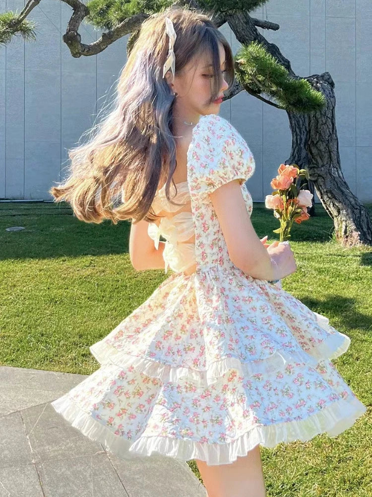 Aiertu Flower Print Kawaii Sweet Dress Women Hollow Out French Vintage Mini Dress Female Butterfly-knot Korean Designer Dress New Aiertu