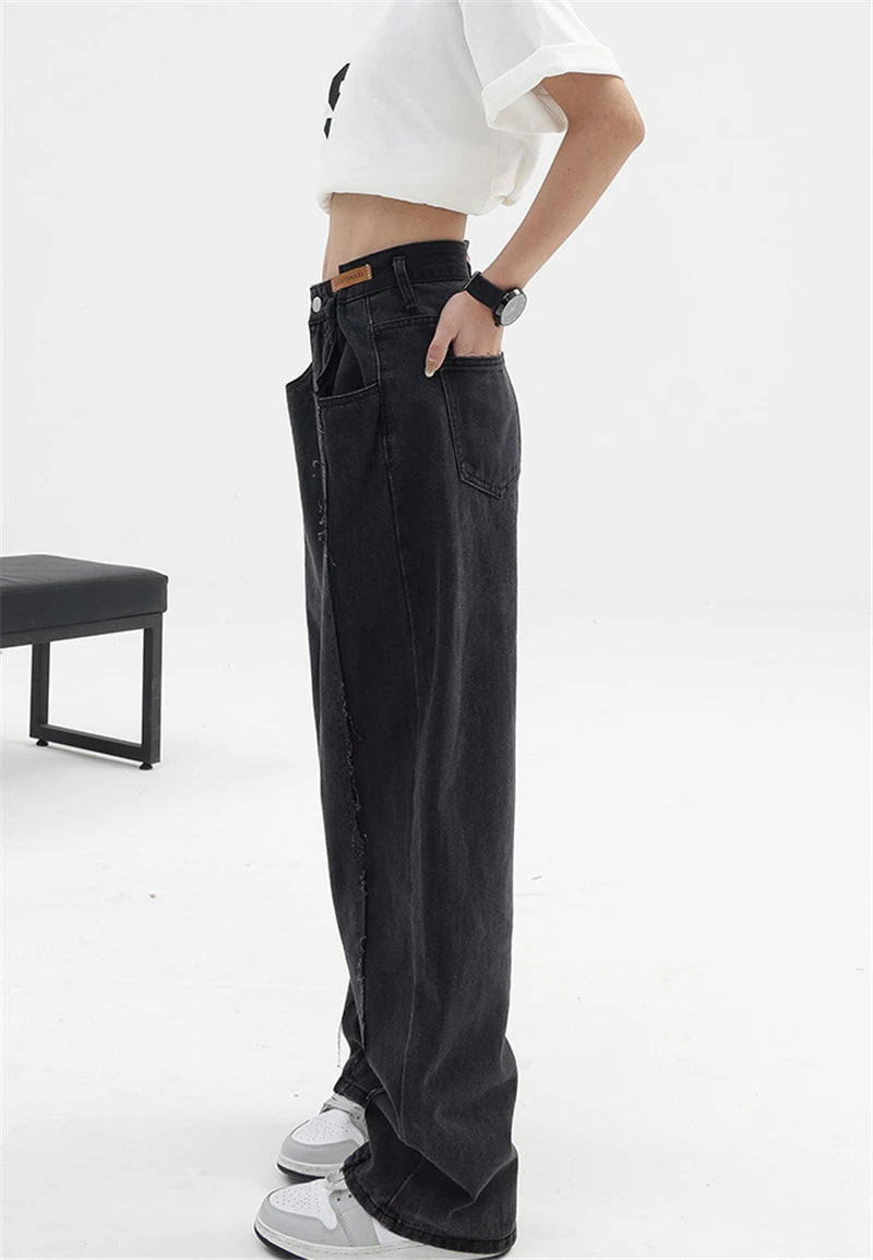 Aiertu 2024 Women Baggy  Long Jeans Harajuku Black Wide Leg Trousers Streetwear Vintage High Waist Denim Pants Big Pocket Y2k Feamle Aiertu