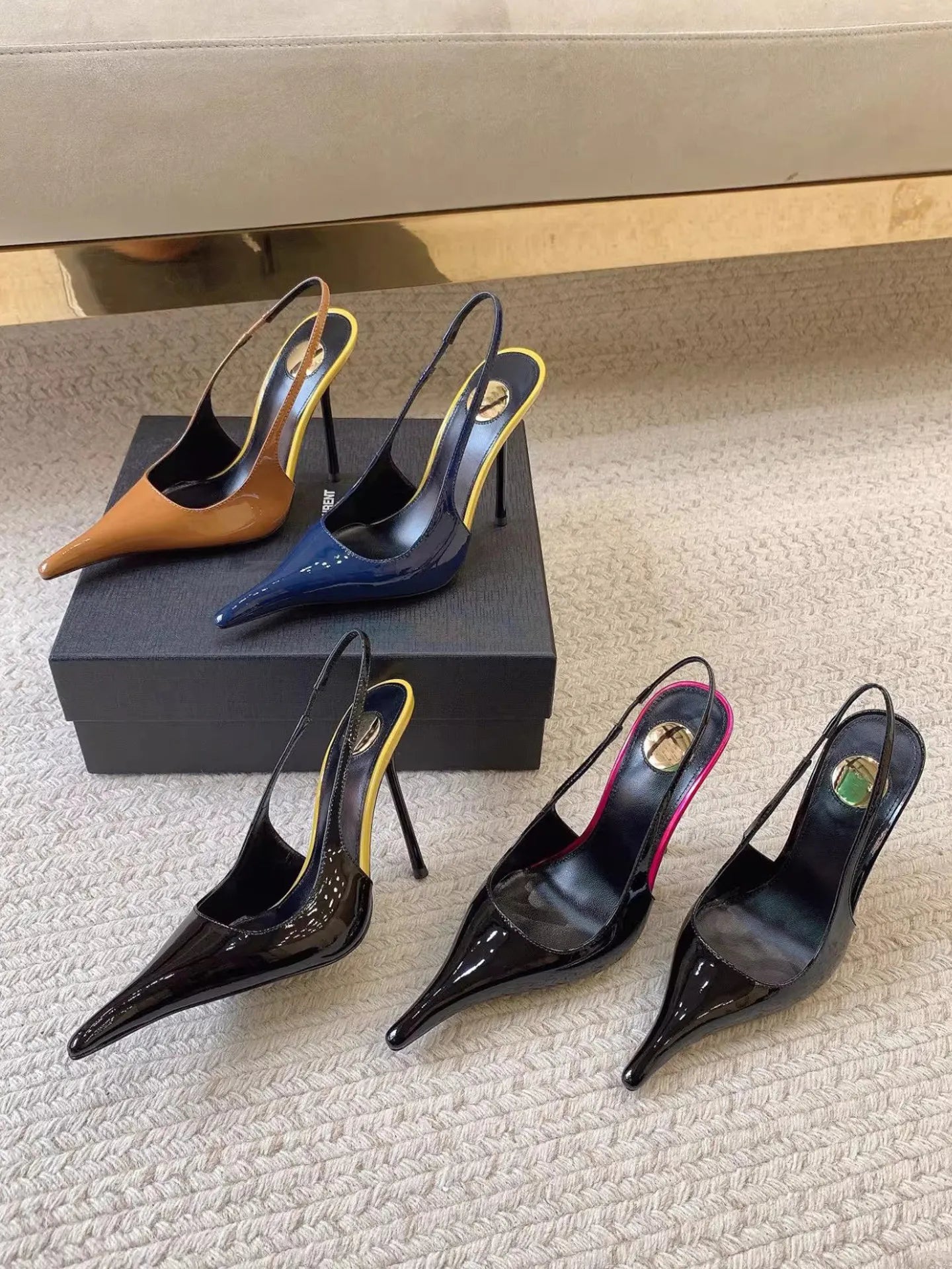 AIERTU  -  New sexy pointed toe stiletto wedge high fashion sandals with patent leather back open elastic band slip-on shoes Aiertu