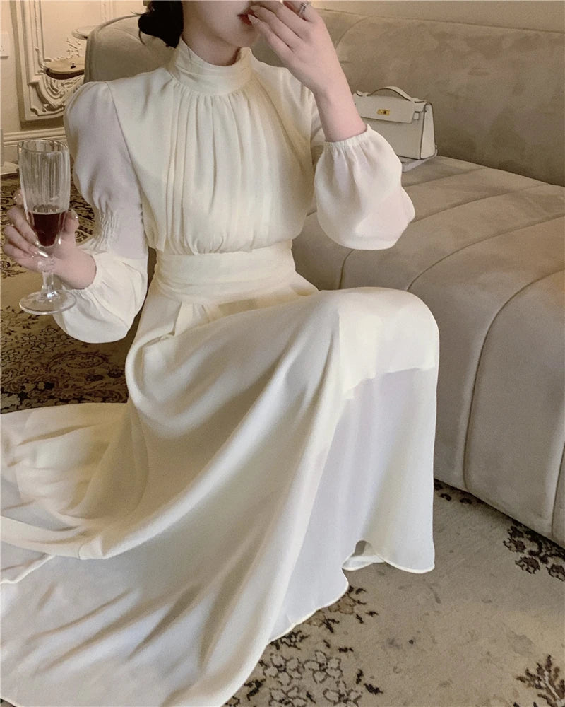 Aiertu Fashion New Women Elegant Casual Long Dress Autumn Vintage A-Line Solid Party Birthday Dresses Female Clothes Robe Vestidos Aiertu