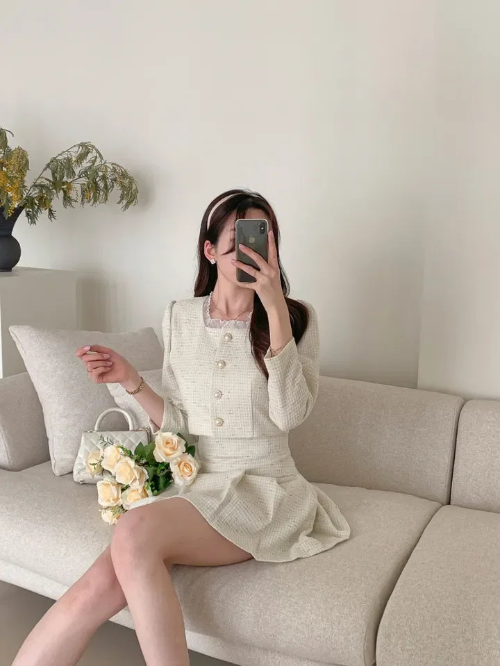 Aiertu Fashion Korea Elegant Tweed Small Fragrance Short Jacket Cropped Coats + High Waist Mini Skirts Suits Slim Women Two Piece Sets Aiertu