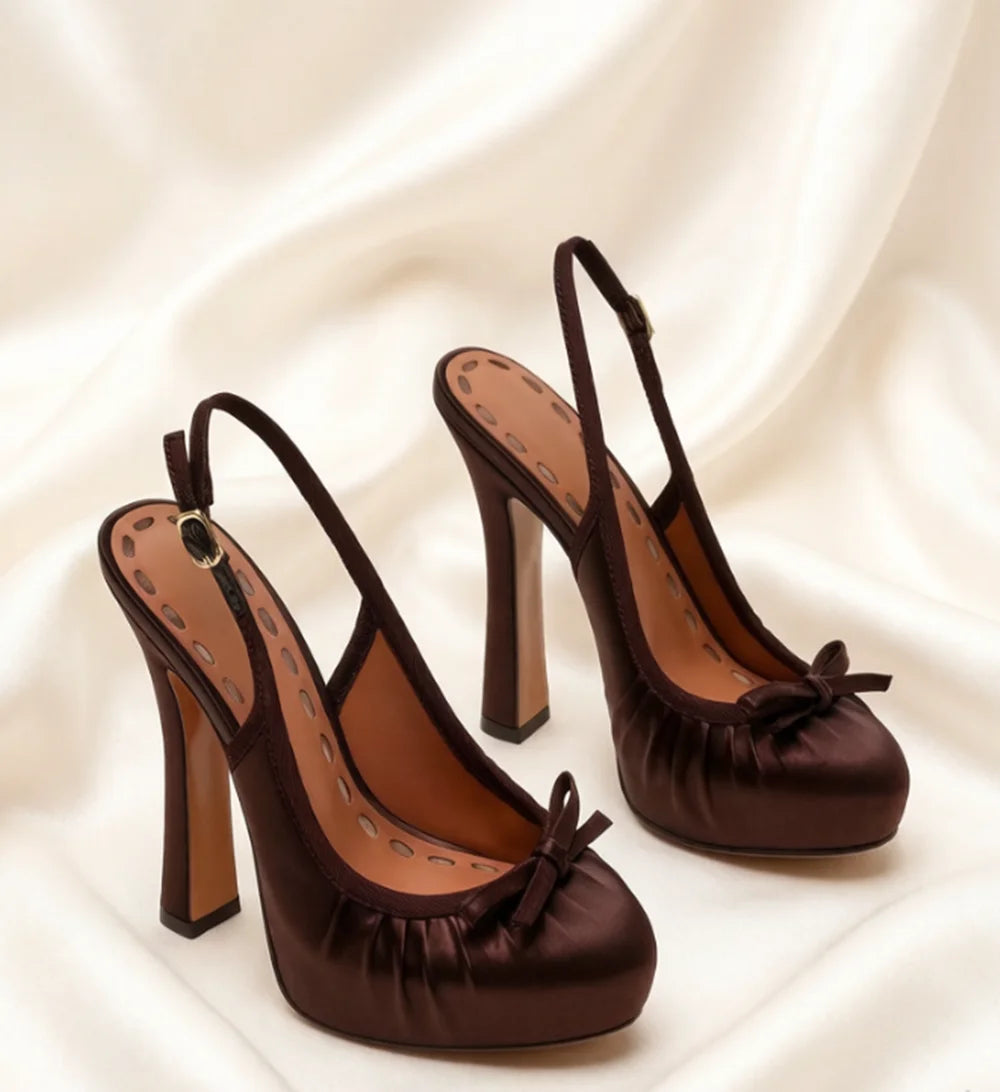 AIERTU  -  Dusty Pink Satin Round-Toe Platform Pumps Ruched Vamp Mini Bow Accent Chunky Heel Retro Style High-Fashion Daily Looks Aiertu