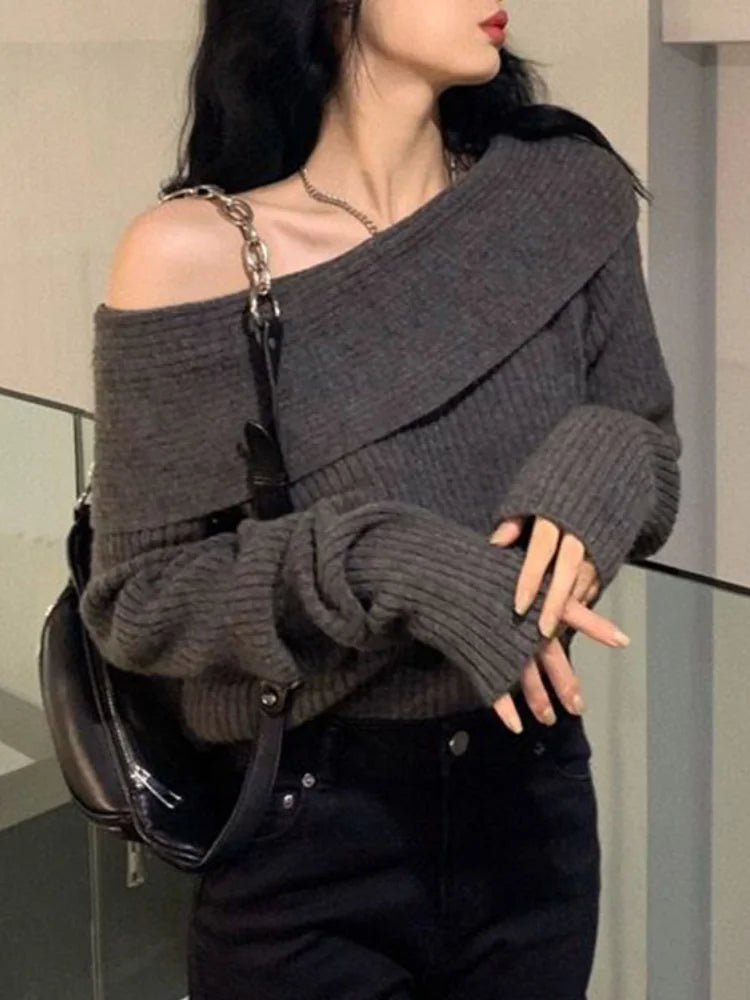 Women Sweater Off Shoulder Knitted Pullovers Female Korean Fashion Sexy Slash Neck Knitwear Top Lady Autumn Winter Slim Jumpers Aiertu
