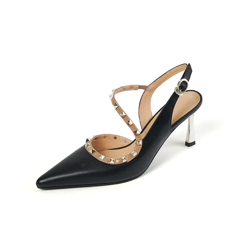Aiertu NEW Summer/Spring Women Shoes Pointed Toe Thin Heel Sandals Rivet High Heels Concise Genuine Leather Shoes Dress Shoes for Women Aiertu