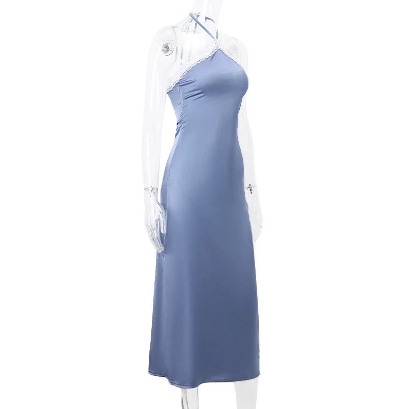 AIERTU  -  Elegant Square Shoulders Backless Splicing Satin Dress Women Slim Fit  Neck Hanging Midi Aiertu