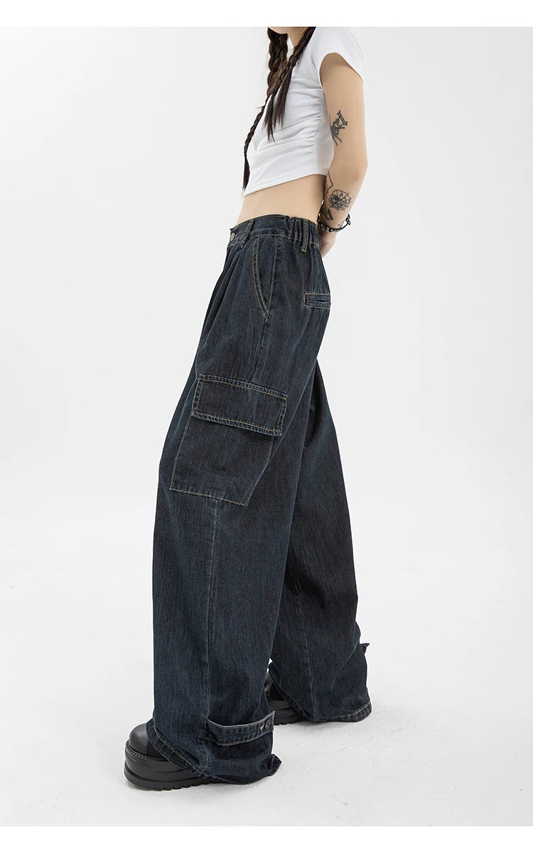 Aiertu Autumn Women Harajuku Cargo Baggy Blue Jeans Streetwear Hip Hop Oversize Casual Wide Leg Vintage Demin Pants Y2k Loose Trousers Aiertu