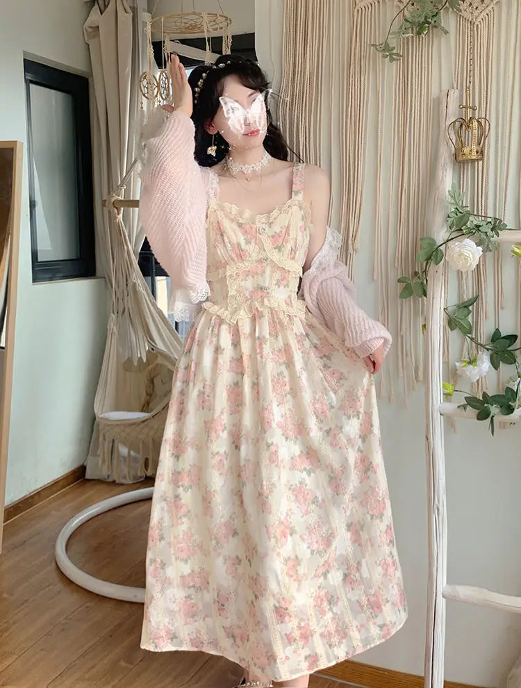 Aiertu Chiffon Lace Strap Dress Women Floral Embroidery Fairy Vintage Long Dress Female Sweet Princess Casual Party Dresses Summer Aiertu