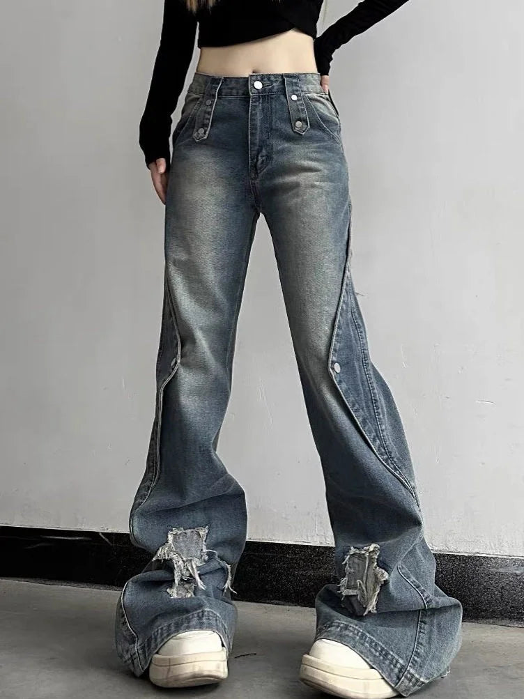 Aiertu Y2K Harajuku Wide Leg High Waist Flared Jeans Slim Ripped Pants Winter Women's Vintage Streetwear Style Denim Trouser Aiertu