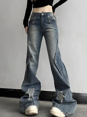 Aiertu Y2K Harajuku Wide Leg High Waist Flared Jeans Slim Ripped Pants Winter Women's Vintage Streetwear Style Denim Trouser Aiertu