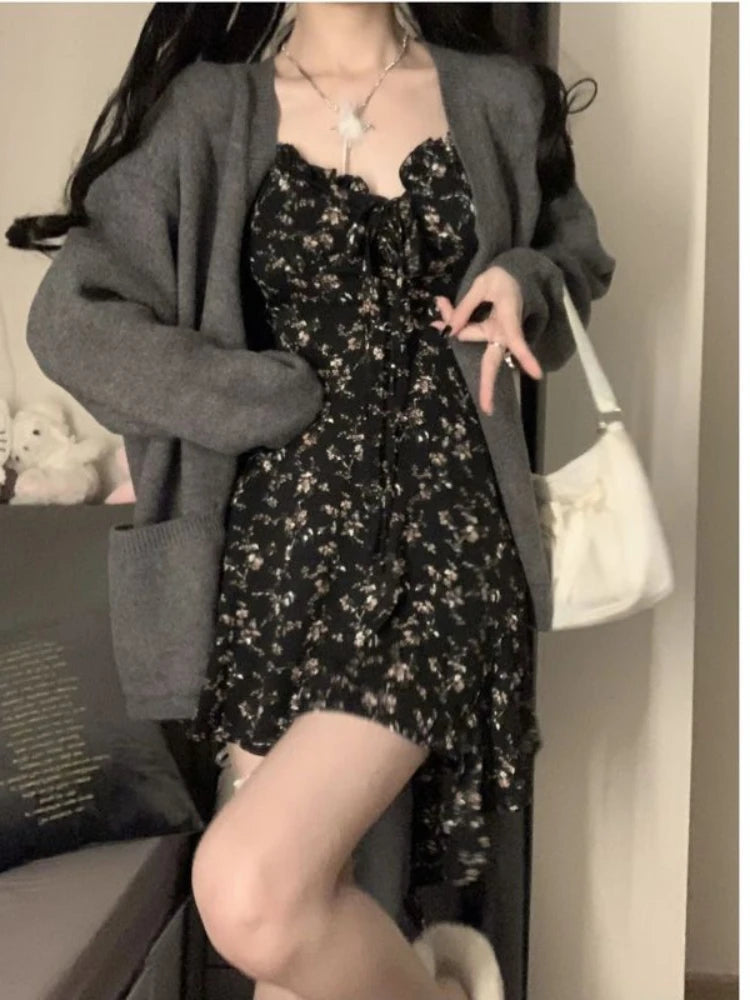 Aiertu Coquette Floral Flower Print Black Slip Mini Dress Women 2024 Vintage Elegant Beach Casual Party Short Dresses Summer Aiertu