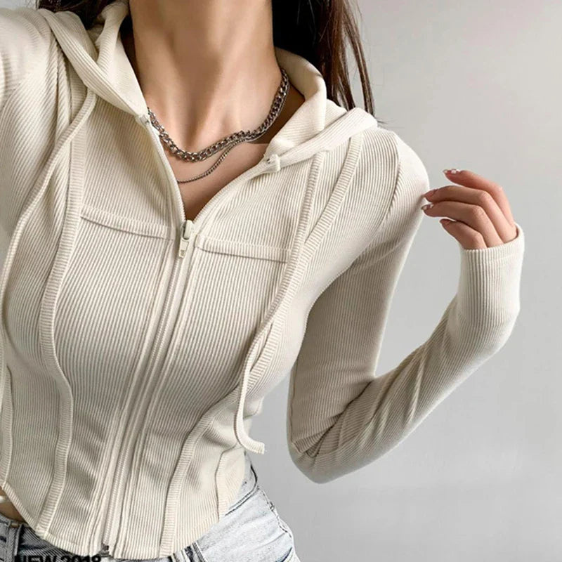 Aiertu Thin Hooded Cardigan Women Korean Vintage Slim Summer Solid Sports Jacket Vertical Pit Stripe Zipper Female Sexy Cropped Tops Aiertu