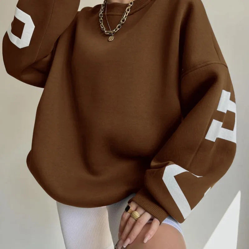 Aiertu Autumn and Winter Women's Pullover Round Neck Loose Letter Print Screw Thread Long Sleeve Underlay Fashion Casual Commuter Tops Aiertu