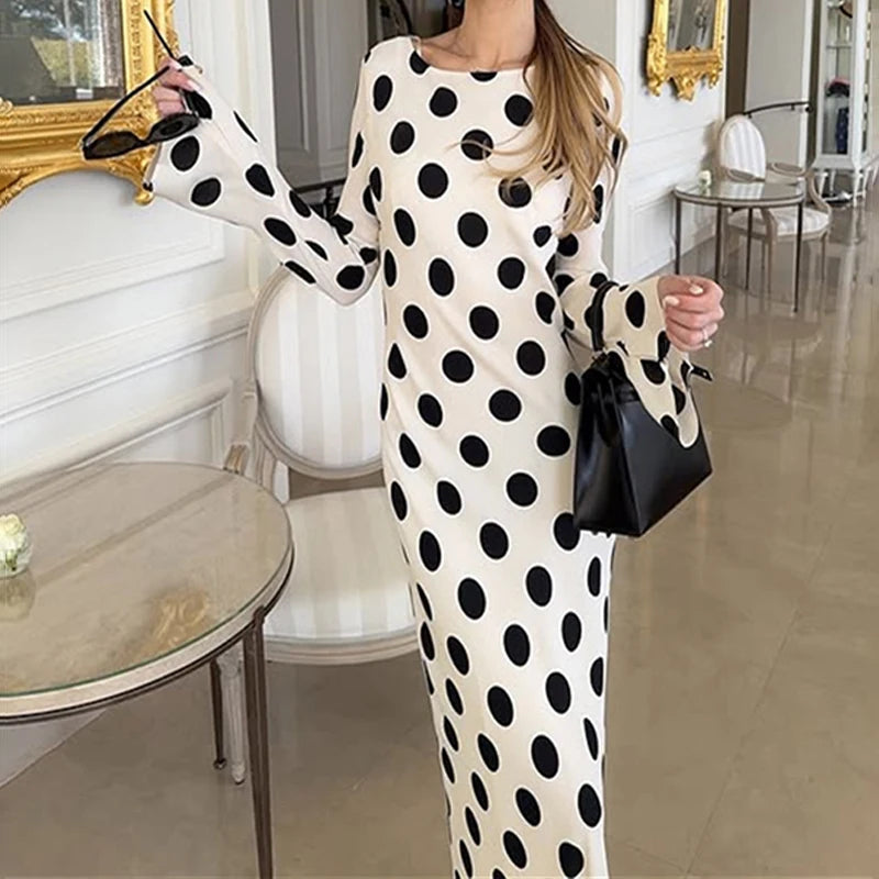 AIERTU  -  Flare Sleeve Dot Printed Round Collar Ladies Maxi Dress Spring Fall Holiday Elegant Party Slim Club Mujer Gowns Aiertu
