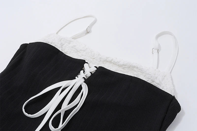 Aiertu Sexy Cross Bandage Patchwork Mini Dress Y2K Streetwear Spaghetti Straps Low-cut Dresses Summer Casual Party Vestidos Aiertu