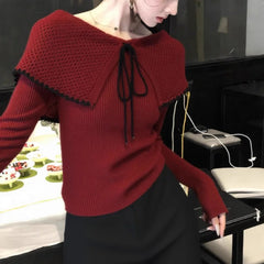 AIERTU  -  Women's New Autumn Winter Red Knit Sweater Tie Collar Off-Shoulder Slim Fit Atmospheric Elegant Top Aiertu