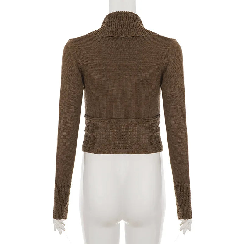 AIERTU  -  Brown Chunky Knit Shawl Collar Cardigan Long Sleeve Cropped Open Front Belted Daily Casual Streetwear Chunky Rib Cardigan Aiertu