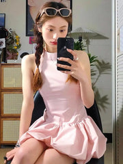 Aiertu Coquette Y2k Pink Halter Mini Dress Women 2024 Summer Fashion Off Shoulder Party Short Dresses with Belt Aiertu
