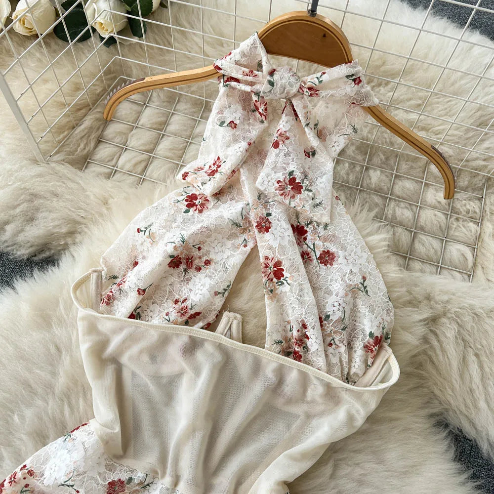 Aiertu Halter Hollow Out Sexy Bodysuits Summer Thin Backless Slim Inside Wear Women Fashion Lace Floral Short Playsuits Aiertu