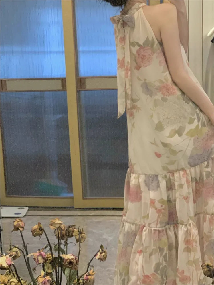 Aiertu Women Elegant Floral Print Maxi Dresses Summer New Fashion Sleeveless Loose Ruffle Y2k Dress Beach Birthday Party Robe Aiertu