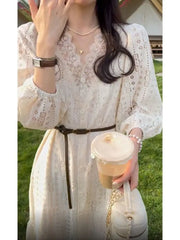 Aiertu 2024 Spring Elegant Lace Fairy Dress Women Button Design Vintage Long Sleeve Shirt Dress Office Lady Casual Fashion Korean Dress Aiertu