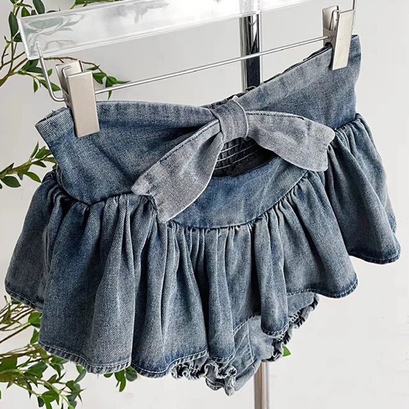 Aiertu Grunge Y2k Bow Denim Skirt with shorts Kawaii Women Vintage Gyaru Ruffle Low Waist Sexy Pleated Mini Skirts Summer Streetwear Aiertu